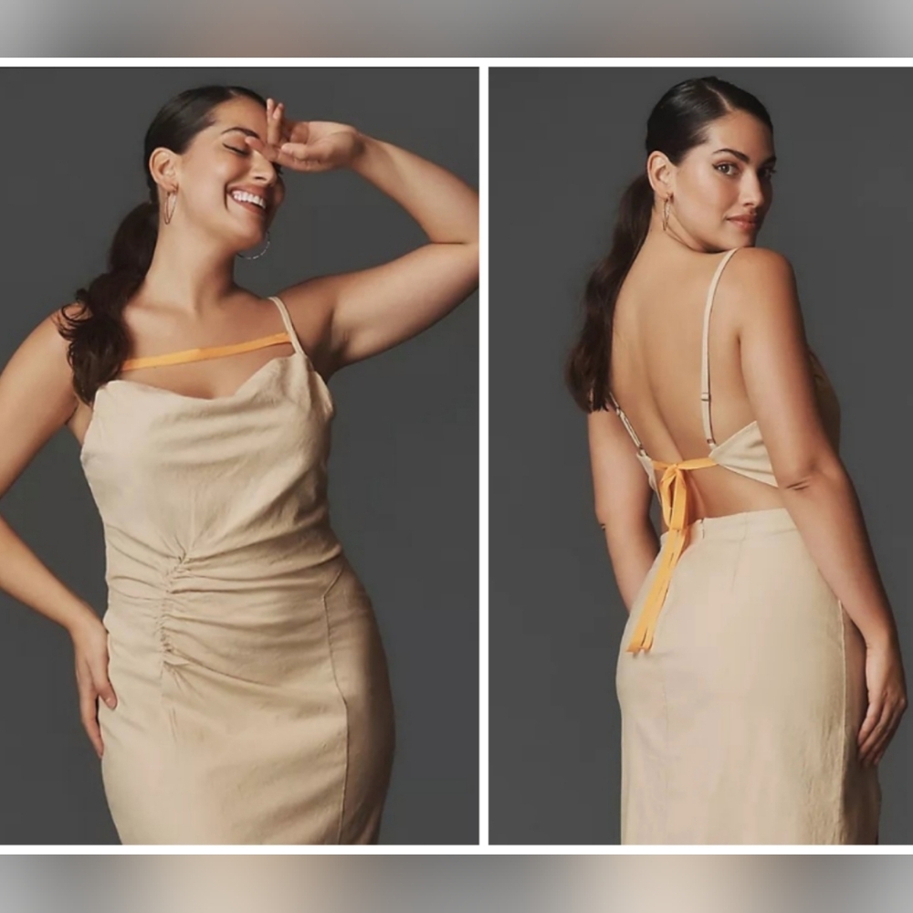 NWT Anthropologie Rushed Front Slim Fit Midi Linen Blend Sleeveless Dress